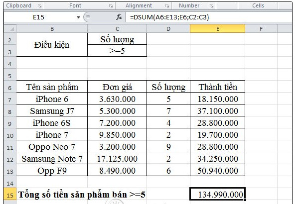 số tiền sản phẩm đã bán có số lượng lớn hơn hoặc bằng 5.