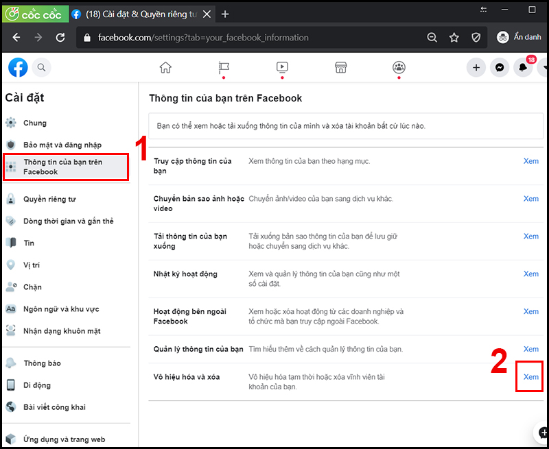 Thông tin của bạn trên Facebook > Vô hiệu hóa và xóa