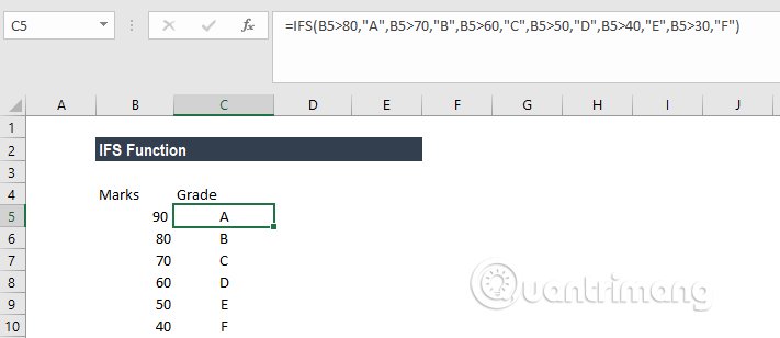 Cách sử dụng hàm IFS trong Excel 