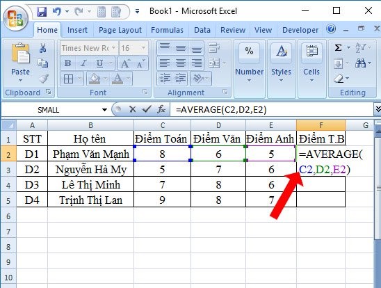 ví dụ tính trung bình điểm số của từng học sinh 2