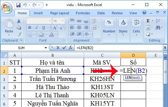 Cách sử dụng hàm LEN trong Excel, ví dụ về hàm LEN