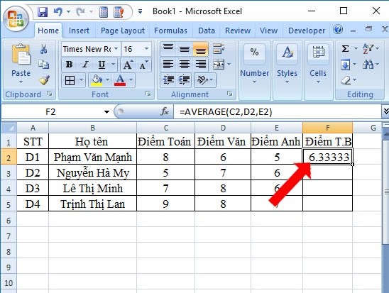 ví dụ tính trung bình điểm số của từng học sinh 3