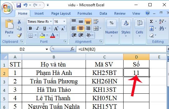 Cách sử dụng hàm LEN trong Excel, ví dụ về hàm LEN