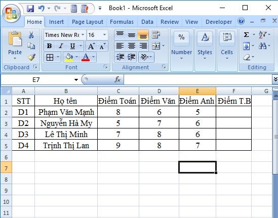 ví dụ tính trung bình điểm số của từng học sinh