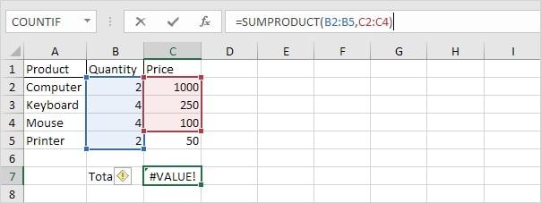 Phạm vi tính tổng phải có cùng một kích thước, nếu không Excel sẽ hiển thị lỗi #VALUE!