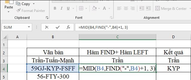 Ví dụ hàm FIND kết hợp hàm MID