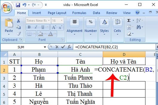 ví dụ về nối từ thông thường hàm concatenate