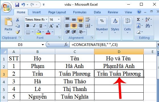 nối ký tự có thêm khoảng trắng hàm concatenate