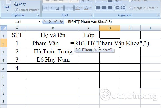 ví dụ dùng hàm RIGHT tìm ký tự