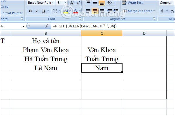 ví dụ dùng hàm RIGHT xuất ký tự sau 1 ký tự cụ thể