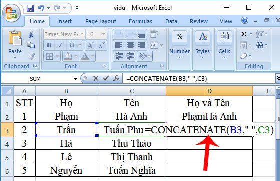 Ví dụ nối ký tự có thêm khoảng trắng hàm concatenate