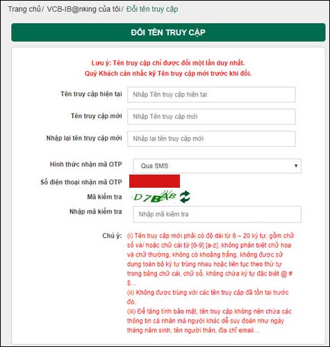 Hướng dẫn đổi tên đăng nhập VCB iB@nking