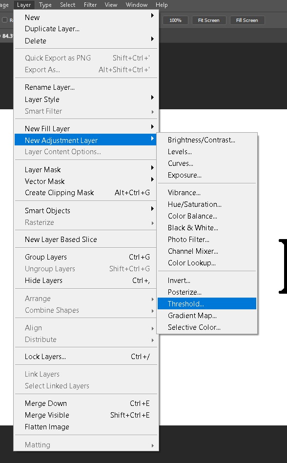 Bấm tab Layer, chọn mục New Adjustment Layer, bấm chọn Threshold