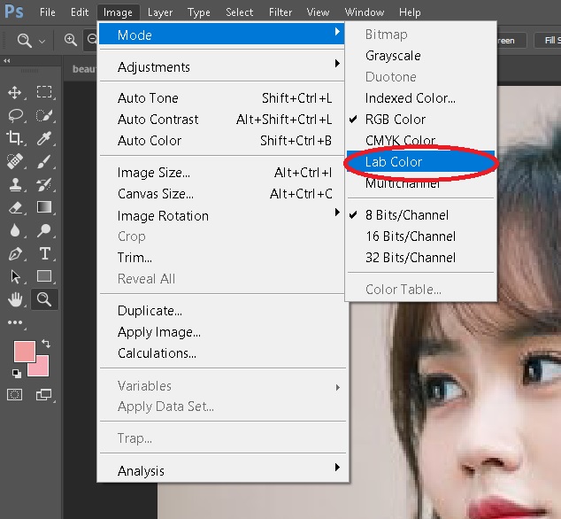 chọn tab Image, chọn mục Mode, chọn Lab Color