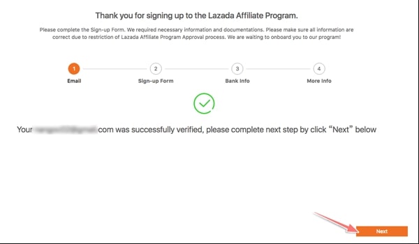 Affiliate Lazada xác minh thông tin qua Email