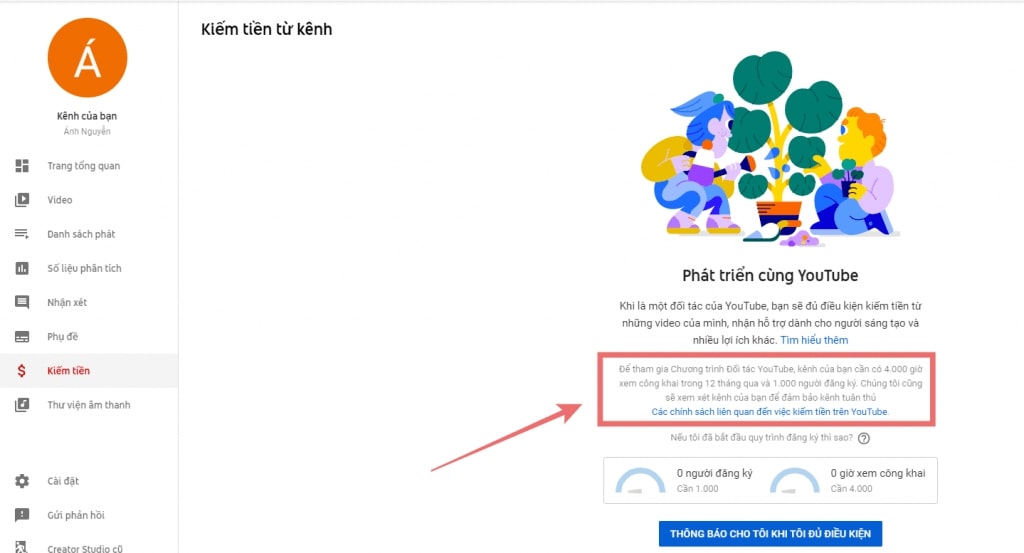 điều kiện bật chức năng kiếm tiền youtube